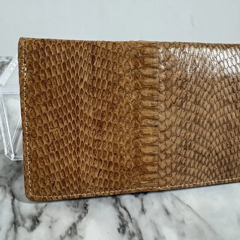 Vintage 60s Python Snakeskin Wallet Brown Leather Bi Fold Folio Style Gold Tone